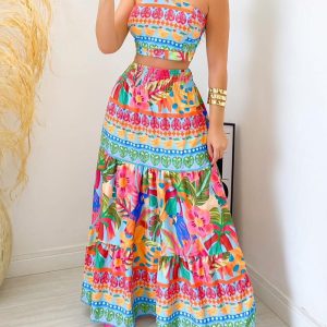 Tropical Print Halter Top & Maxi Skirt Set, Two-piece Sets, ChicMe catalog