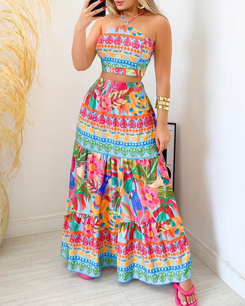 Tropical Print Halter Top & Maxi Skirt Set, Two-piece Sets, ChicMe catalog