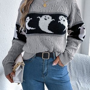 Women Wool/Knitting Halloween Long Sleeve Comfy Casual Sweater, Sweaters, color:Gray|size:XL, catalog Noracora shop