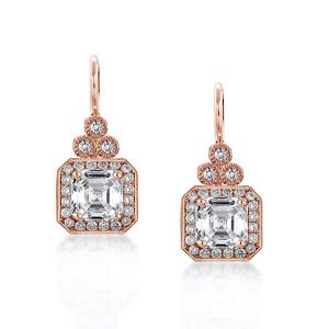 Earrings - Halo Asscher Cut Drop Rose Gold Earrings, Apparel & Accessories, Italo jewelry - Online Catalog