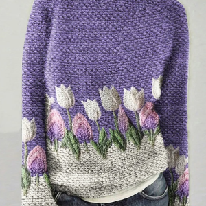 Floral Art Print Knitted Crew Neck Pullover Cozy Sweater, Sweaters, Lilicloth.com