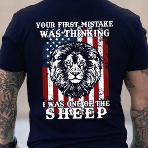 Lion Us Flag Your First Mistake Was Thinking I Was One Of The Sheep Short Sleeve Cotton Crew Neck Short Sleeve T-Shirt, T-shirts, Lilicloth.com