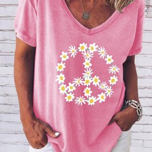 Daisy and Peace V-Neck Short Sleeve T-Shirt, T-shirts, Lilicloth.com