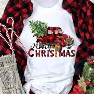 Women Merry Christmas Tree Buffalo Plaid Truck Simple Crew Neck T-Shirt, T-shirts, Lilicloth.com