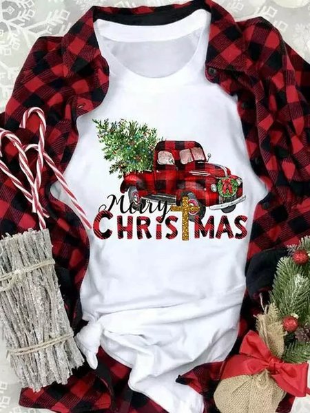 Women Merry Christmas Tree Buffalo Plaid Truck Simple Crew Neck T-Shirt, T-shirts, Lilicloth.com