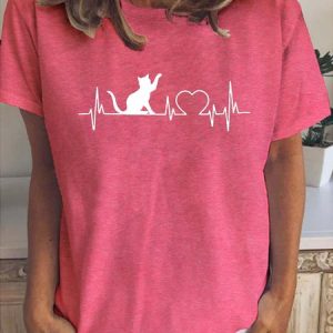 Simple Casual Cat Heart Print Crew Neck T-Shirt, T-shirts, Lilicloth.com