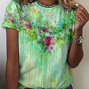 Womens Abstract Flower Crew Neck Casual T-Shirt, T-shirts, Lilicloth.com