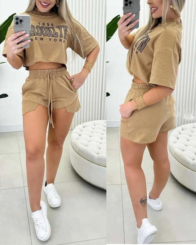 Letter Print Crop Top & Pocket Design Shorts Set, women Two-piece Sets, ChicMe catalog