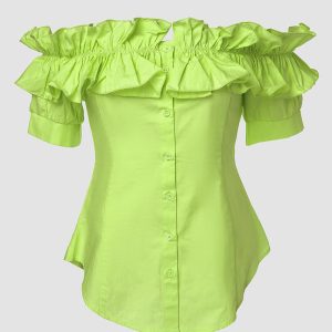 Off Shoulder Layered Ruffles Button-down Asymmetrical Hem Top, Blouses & Shirts, ChicMe catalog