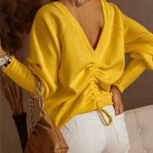 V-Neck Gigot Sleeve Back Drawstring Top, T-shirt & Tees, ChicMe catalog