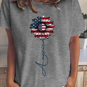 Independence Day Sunflower Print Crew Neck T-Shirt, T-shirts, Lilicloth.com