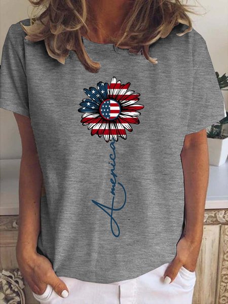 Independence Day Sunflower Print Crew Neck T-Shirt, T-shirts, Lilicloth.com