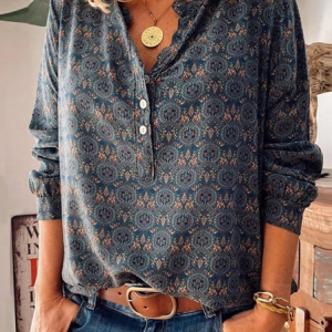 Women's Long Sleeve Blouse Spring/Fall Ethnic Jersey Notched Daily Going Out Casual Top, JustFashionNow Blouses, color:Deep Blue|size:3XL,