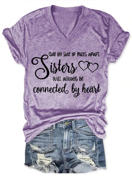 Sisters Side By Side or Miles Apart Sisters Will Always be Connected By Heart Casual Short Sleeve T-Shirt, T-shirts, Lilicloth.com
