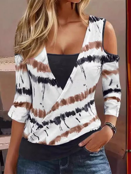 Women's Three Quarter Sleeve Blouse Spring/Fall Striped Knitted Daily Going Out Casual Top, JustFashionNow Shirts & Blouses, color:Coffee|size:XXL,