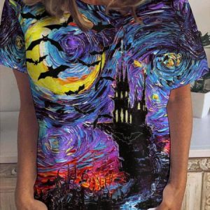 Women Abstract Halloween Oil Painting Print Short Sleeve T-Shirt, T-shirts, Lilicloth.com