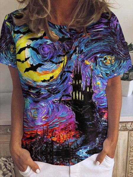 Women Abstract Halloween Oil Painting Print Short Sleeve T-Shirt, T-shirts, Lilicloth.com