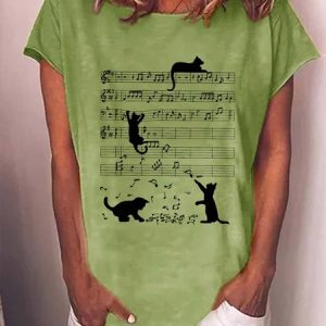 Women Cat Printing Casual Crew Neck T-Shirt, T-shirts, Lilicloth.com