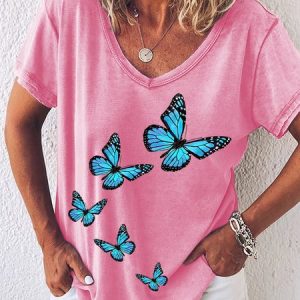 Womens Fancy Butterfly Print V Neck Casual T-Shirt, T-shirts, Lilicloth.com