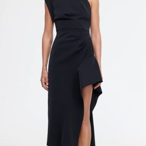 Women's Sleeveless Summer Plain Ruched Dress One Shoulder Date Going Out Urban Midi A-Line Black, JustFashionNow Dresses, color:Black|size:3XL,