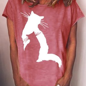 Womens Cat Print Casual T-Shirt, T-shirts, Lilicloth.com