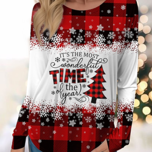 Casual Plaid Crew Neck Long Sleeve T-shirt, Blouses, color:Red|size:XXL, catalog Noracora shop