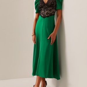 Women's Short Sleeve Summer Color Block Gathered Dress V Neck Party Going Out Urban Maxi A-Line, JustFashionNow Dresses, color:Green|size:XL,