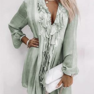 Women Plain V Neck Long Sleeve Comfy Casual Mini Dress, Midi, color:Gray|size:XXL, catalog Noracora shop