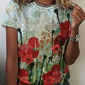 Women Large Format Flowers Abstract Crew Neck Cotton-Blend T-Shirt, T-shirts, Lilicloth.com