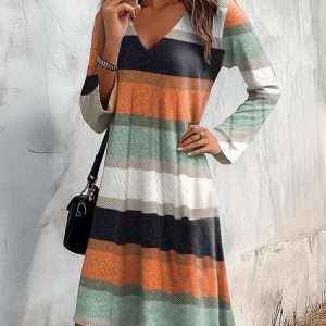Women's Long Sleeve Summer Striped Jersey Dress V Neck Daily Going Out Casual Midi A-Line TUNIC, JustFashionNow Dresses, color:Orange|size:XXL,