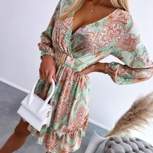 Floral Print Deep V-Neck Frill Hem Dress, Print Dresses, ChicMe catalog