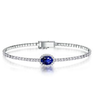 Bracelets - Italo Halo Oval Cut Blue Sapphire Tennis Bracelet For Women, Apparel & Accessories, Italo jewelry - Online Catalog