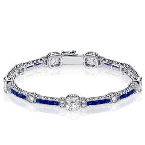 Bracelets - Milgrain Cushion White & Blue Sapphire Tennis Bracelet In Silver, Apparel & Accessories, Italo jewelry - Online Catalog
