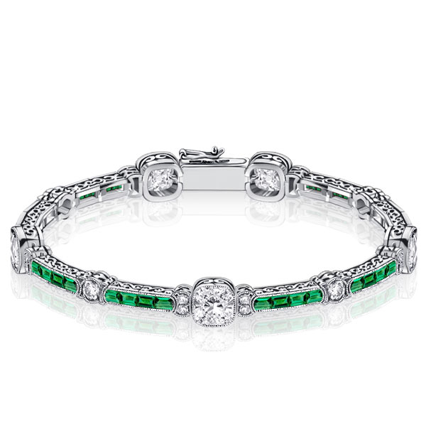Bracelets - Milgrain White & Emerald Tennis Bracelet In Sterling Silver, Apparel & Accessories, Italo jewelry - Online Catalog