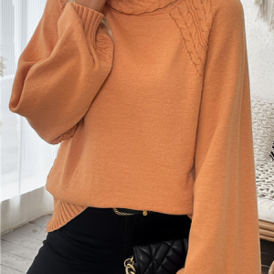 Women's Spring/Fall Plain Casual Balloon Sleeve Long Sleeve Turtleneck Wool/Knitting Sweater, JustFashionNow Sweaters, color:Orange|size:L,