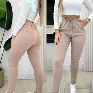 Drawstring Waist Button Decor Fleece Lined Skinny Pants, Pants, ChicMe catalog