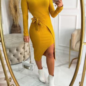 Round Neck Long Sleeve Bow Tie Waist Wrapped Slit Dress Slim Fit Ribbed Dress, women Casual Dresses, ChicMe catalog