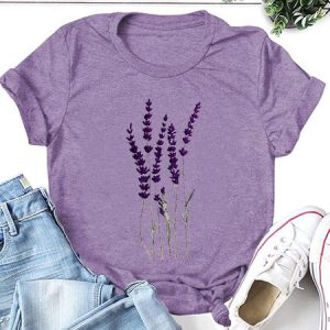 LAVENDER Floral Short Sleeve Casual Woman's Purple T-Shirts Tops, T-shirts, Lilicloth.com
