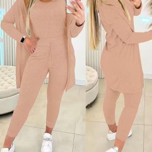 3PCS Round Neck Tank Top & Pocket Design Pants Set With Open Front Coat, Two-piece Sets, ChicMe catalog