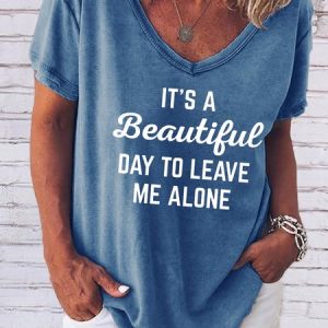 Funny text print V-neck short-sleeved T-shirt, T-shirts, Lilicloth.com