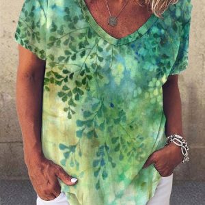 Casual Gradient Botanical Print V-Neck T-Shirt, T-shirts, Lilicloth.com