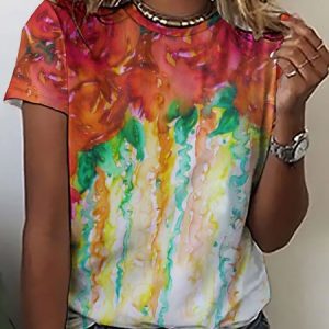 Casual Abstract Gradient Print Crew Neck Short Sleeve T-Shirt, T-shirts, Lilicloth.com