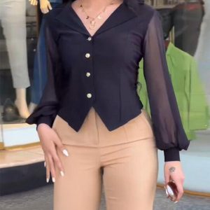 Notched Collar Sheer Mesh Patch Buttoned Blouse Top, Blouses & Shirts, ChicMe catalog