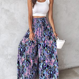 Tribal Print Shirred Wide Leg Pants, Pants, ChicMe catalog