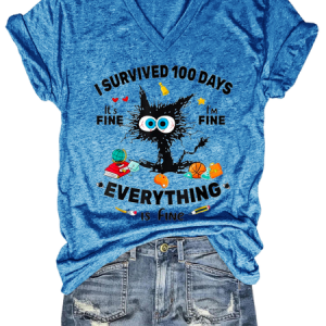 Funny Black Cat 100 Days Of School Vintage Loose V Neck Cat T-Shirt, T-shirts, Lilicloth.com