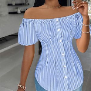 Striped Off the Shoulder Buttoned Asymmetrical Hem Shirt, Blouses & Shirts, ChicMe catalog