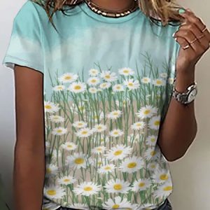 Flower Print Casual Short Sleeve T-Shirt, T-shirts, Lilicloth.com