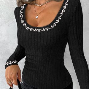 Beaded Scoop Neck Long Sleeve Ribbed Top, women T-shirt & Tees, ChicMe catalog