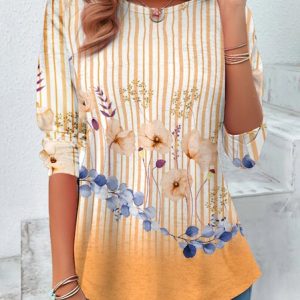 Women's Long Sleeve Tee T-shirt Spring/Fall Floral Printing Jersey Crew Neck Daily Going Out Vintage Top, JustFashionNow Tops, color:Orange|size:XXL,