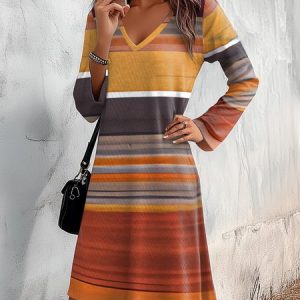 Women's Long Sleeve Summer Striped Jersey Dress V Neck Daily Going Out Casual Midi A-Line TUNIC, JustFashionNow Dresses, color:Orange Red|size:XXL,